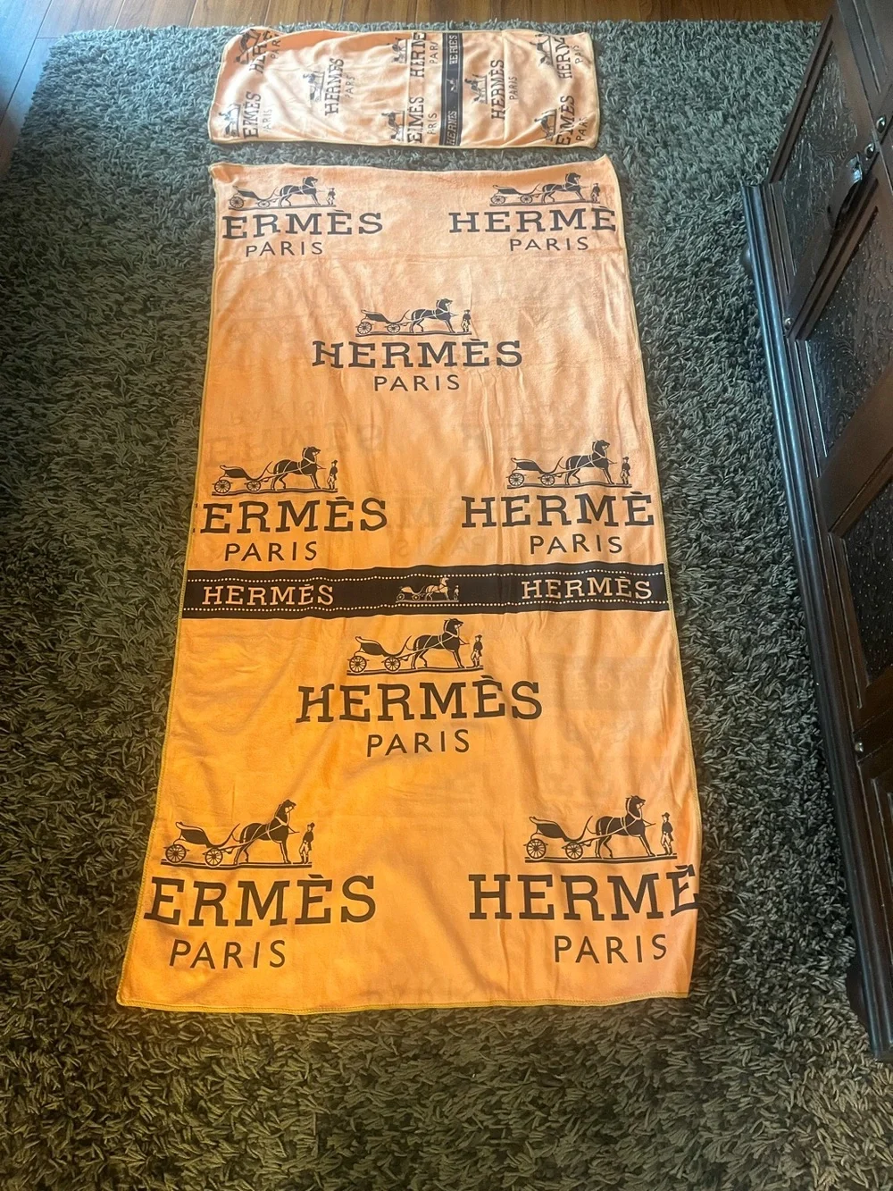 Hermes style Orange Logo Motif Beach Towel and hand towel